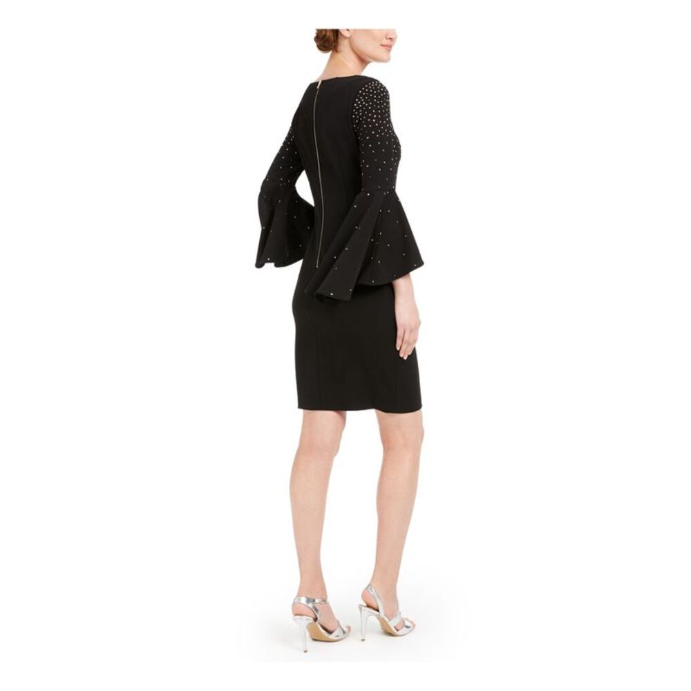 NWT CALVIN KLEIN Womens Black Bell Sleeve Above The Knee Sheath Dress 4 - Picture 2 of 5